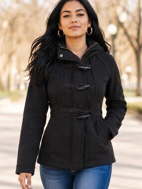 THREE STONES🪨Black Hooded Toggle Pea Coat SIDE POCKETS Cotton Blend Sz M/L